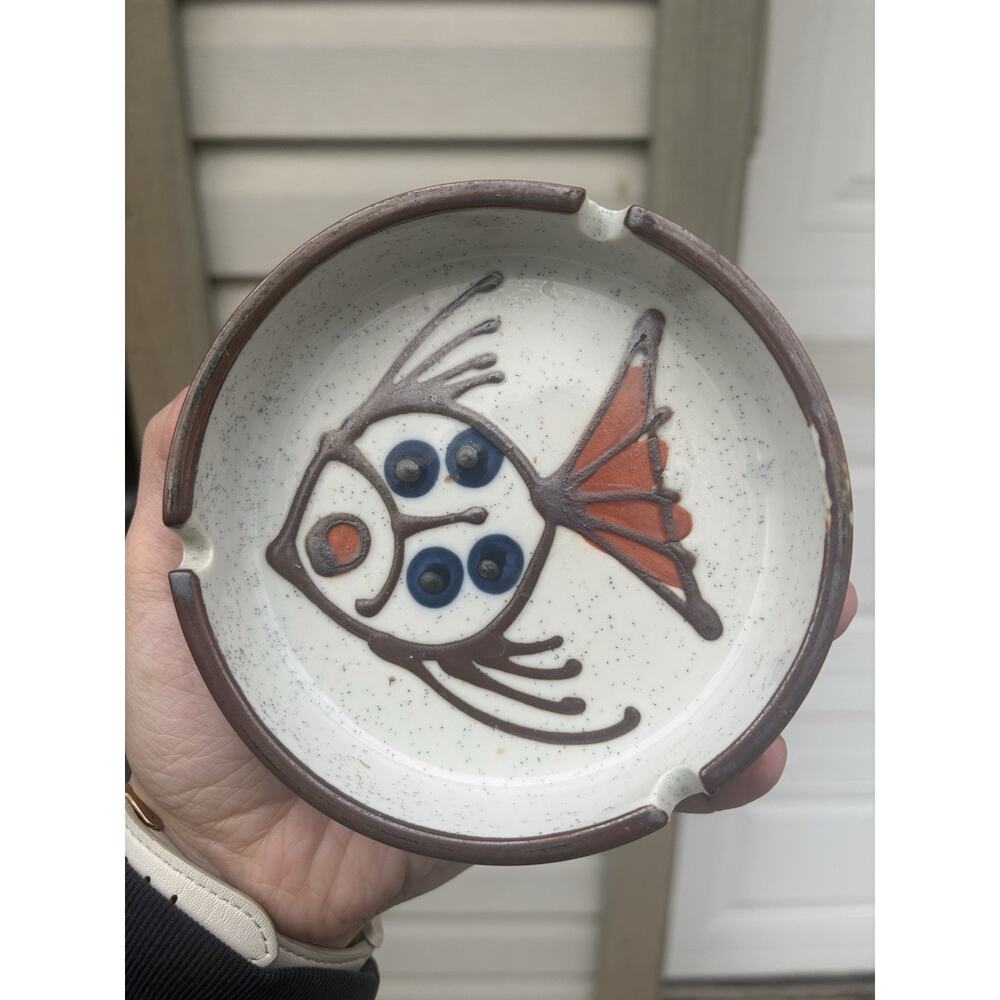 Vtg Fish Ashtray Paint Brush Holder Speckled Glaze MCM Retro